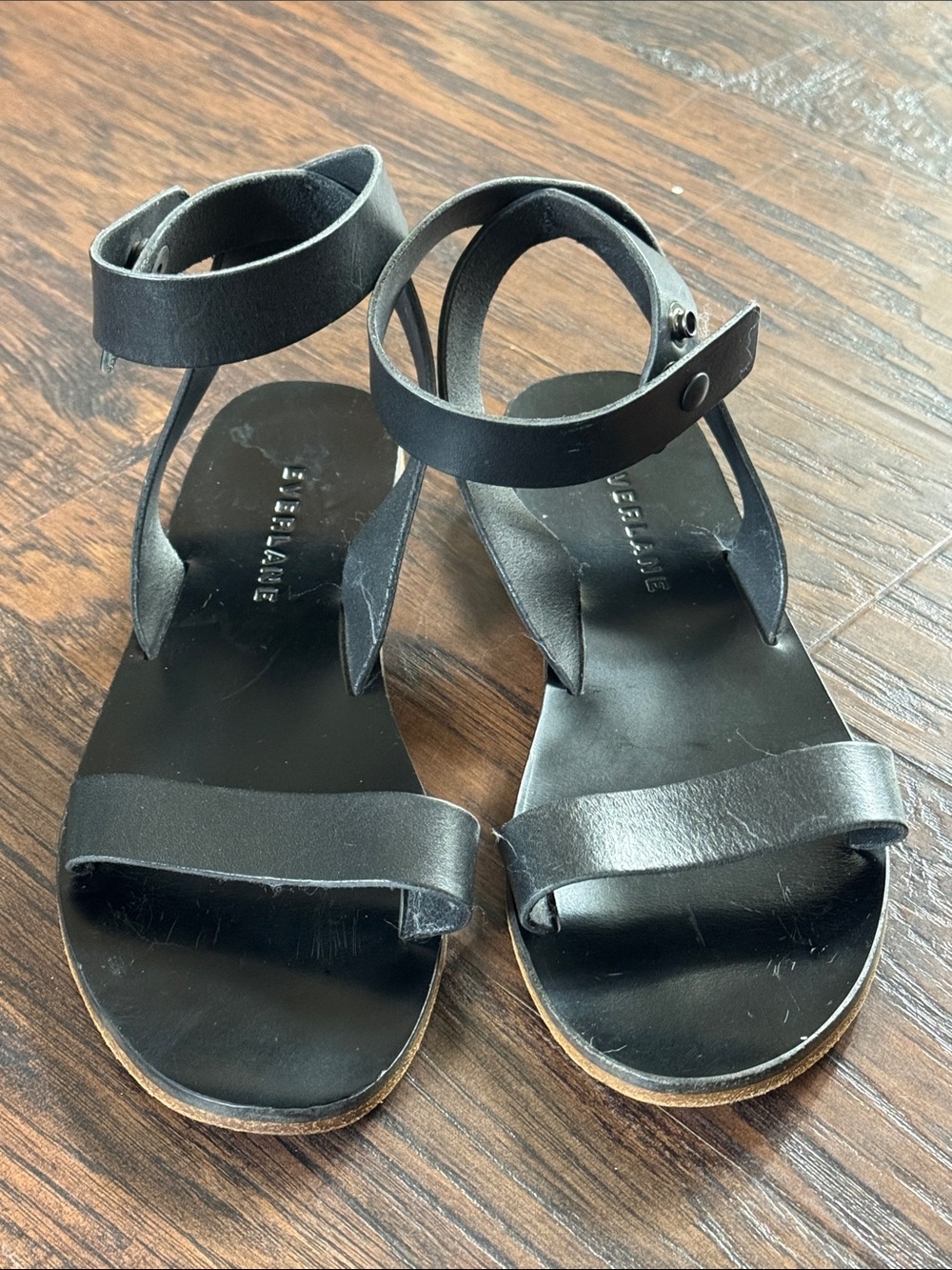 Everlane Black Leather Ankle-Strap Toe-Slip Sandals
